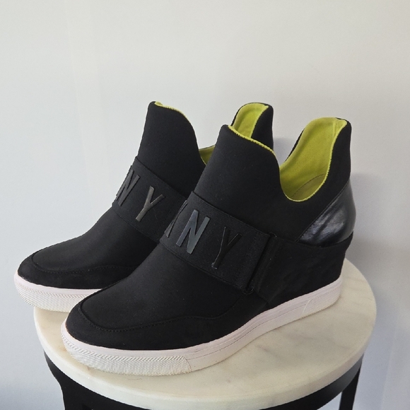 Dkny Shoes - DKNY Black Wedge Slip-On Sneakers with Lime Interior Size 8.5